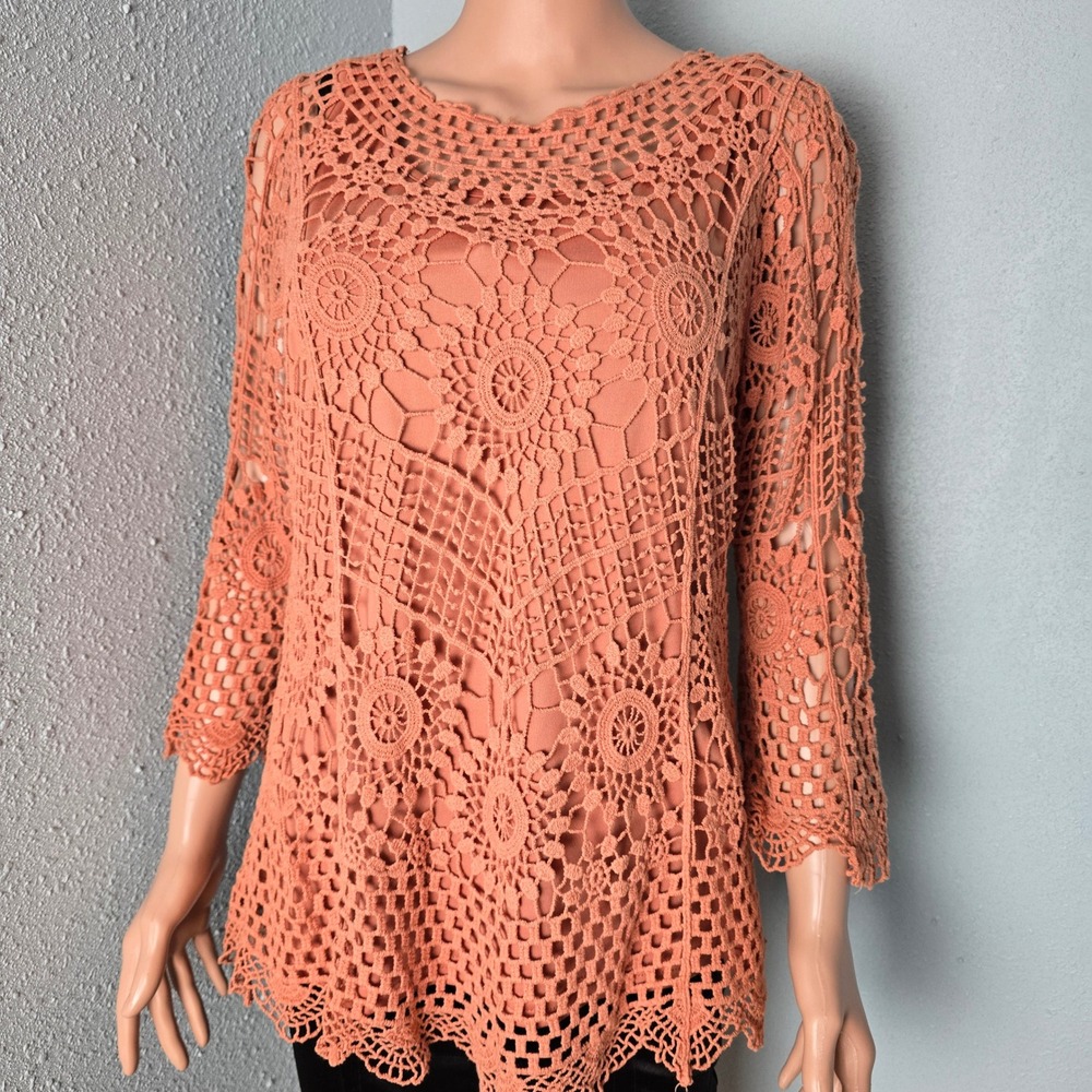 Ultra Pink Crochet Lace Blouse Terracotta Coral 3/4 Sleeve Boho Top Small S NWT